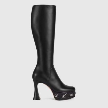 Gucci Women Platform Boot GG Studs Black Leather Spool High 11.4 CM Heel