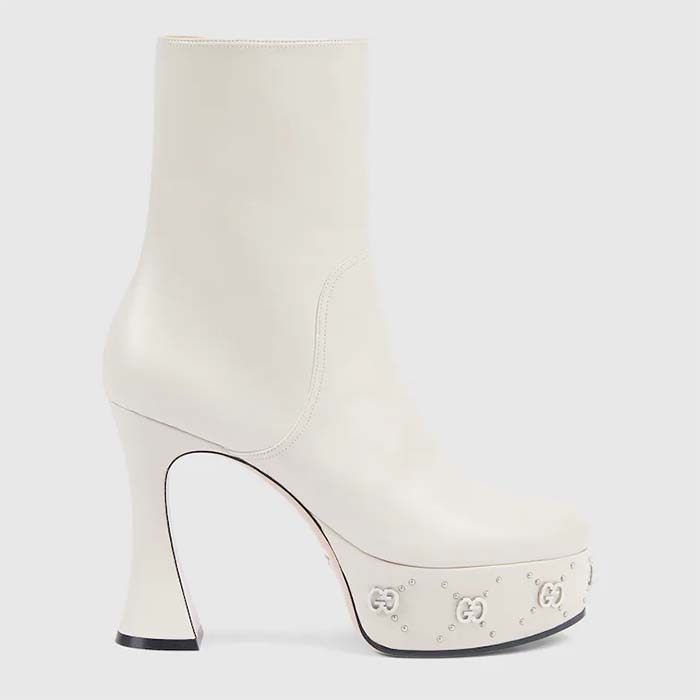 Gucci Women Platform GG Studs White Leather Spool High 11.4 CM Heel