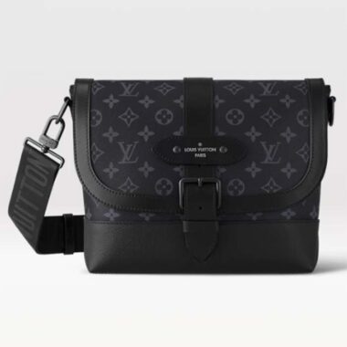 Louis Vuitton LV Unisex Saumur Messenger Monogram Eclipse Coated Canvas Black Leather