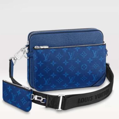 Louis Vuitton LV Unisex Trio Messenger Cobalt Blue Monogram Coated Canvas Taiga Cowhide Leather