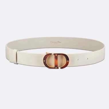 Dior Unisex CD 30 Montaigne Belt White Smooth Calfskin Leather Brown Tortoiseshell-Effect Resin