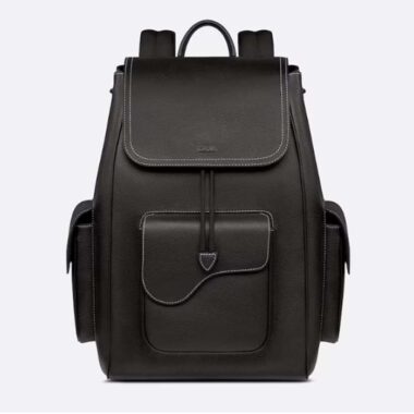 Dior Unisex CD Saddle Backpack Black Grained Calfskin Leather Flap Drawstring Closure