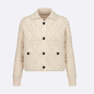 Dior Women CD Cannage Jacket White Technical Wool Cashmere Knit Horn Buttons