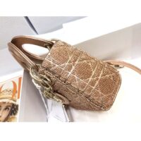Dior Women CD Mini Lady Bag Caramel Beige Cannage Cotton Embroidered Micropearls (3)