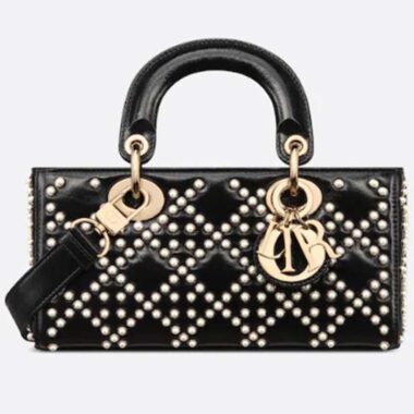 Dior Women CD Small Lady D-Joy Bag Black Crinkle-Effect Lambskin White Resin Half-Pearl Cannage