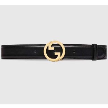 Gucci Unisex Blondie Belt Black Leather Round Interlocking G Buckle 4 CM Width