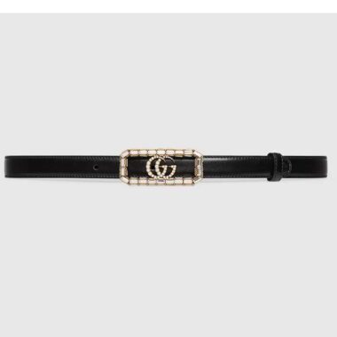 Gucci Unisex GG Thin Belt Crystal Double G Buckle Black Leather 2 CM Width