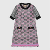 Gucci Women GG Cotton Dress Black Pink Blend Double G Buttons Intarsia Crewneck Short Sleeves (10)