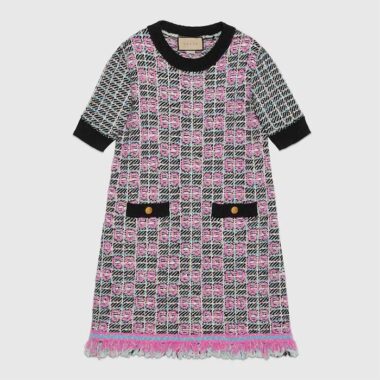 Gucci Women GG Cotton Dress Black Pink Blend Double G Buttons Intarsia Crewneck Short Sleeves