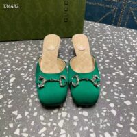 Gucci Women GG Horsebit Mule Green Satin Crystals Leather Sole Low 4.3 CM Heel (4)