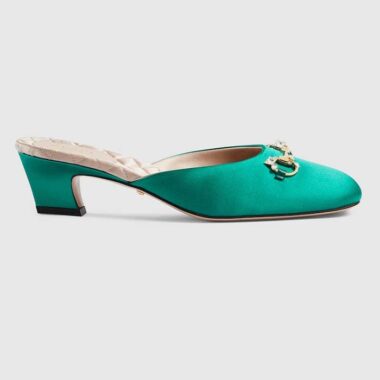 Gucci Women GG Horsebit Mule Green Satin Crystals Leather Sole Low 4.3 CM Heel