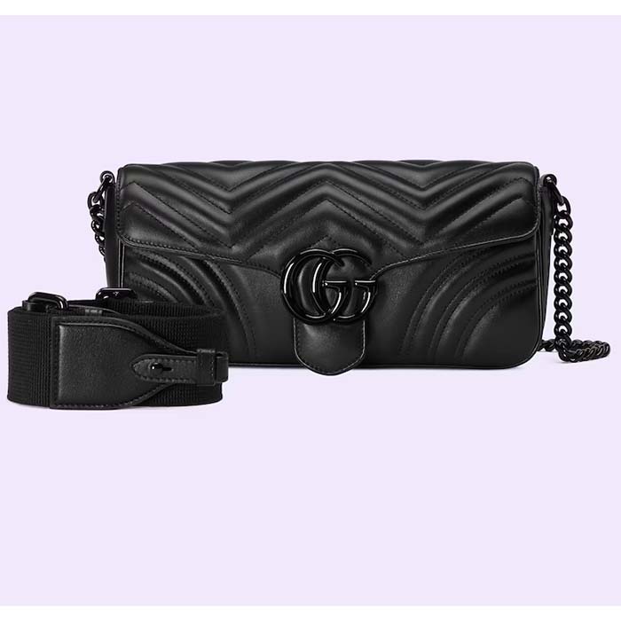 Gucci Women GG Marmont Shoulder Bag Matelassé Chevron Leather Double G Black