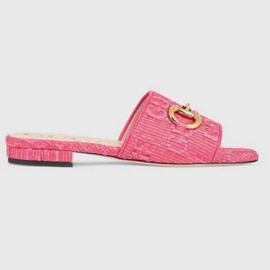 Gucci Women Horsebit Slide Sandal Fuchsia GG Raffia Leather Sole Flat