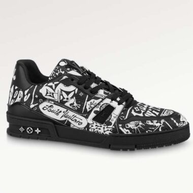 Louis Vuitton Unisex LV Trainer Sneaker Black Printed Canvas Rubber Outsole Monogram Flowers