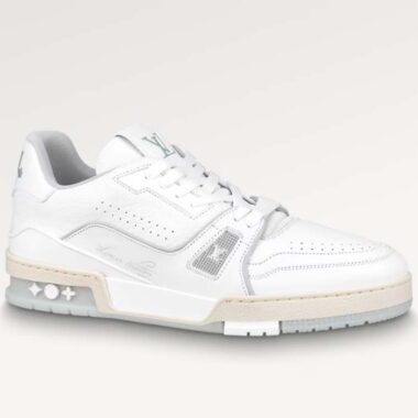 Louis Vuitton Unisex LV Trainer Sneaker White Grained Calf Leather Rubber Initials Monogram Flowers