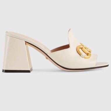 Gucci Women GG Slide Sandal Horsebit White Leather Metal Heel Leather Sole Mid-Heel