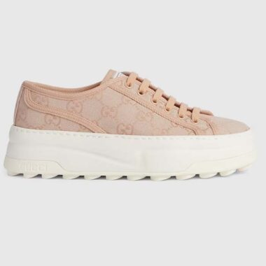 Gucci Women GG Sneaker Pink Original Canvas Rubber Interlocking G Lace-Up Flat