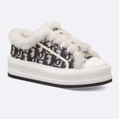 Dior Unisex Shoes CD Walk'N'Dior Platform Sneaker Deep Blue Oblique Embroidered Cotton White Shearling