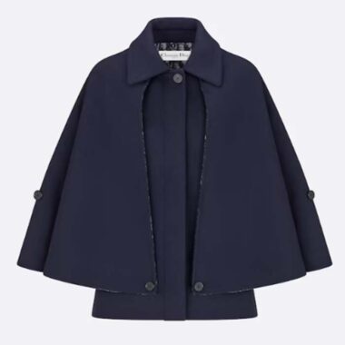 Dior Women CD Cape-Effect Peacoat Navy Blue Double-Sided Virgin Wool Silk Oblique Interior