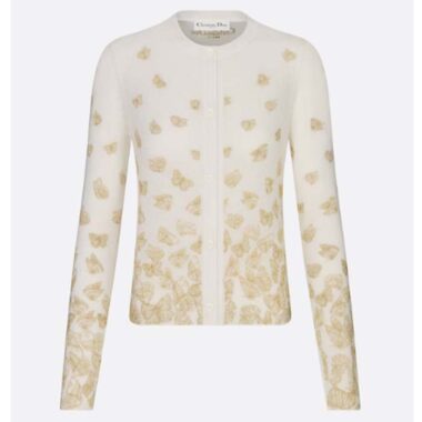 Dior Women CD Embroidered Cardigan Wool Cashmere Knit Gold-Tone White Gradient Butterflies Motif