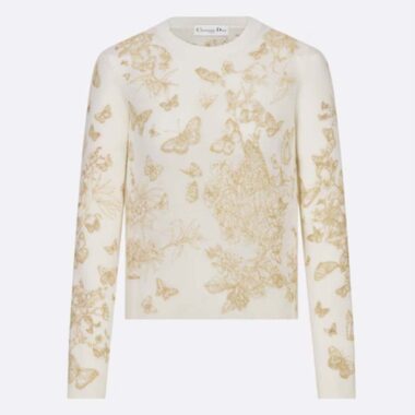 Dior Women CD Embroidered Sweater White Wool Cashmere Knit Gold-Tone Butterflies Motif