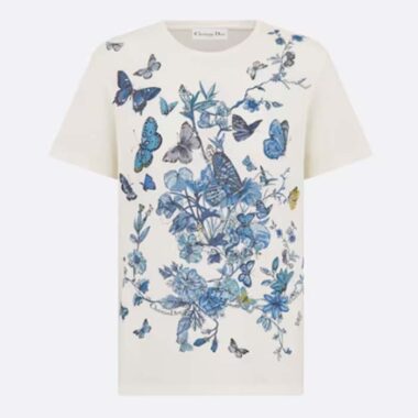 Dior Women CD T-Shirt White Cotton Jersey Pastel Midnight Blue Toile De Jouy Mexico Motif