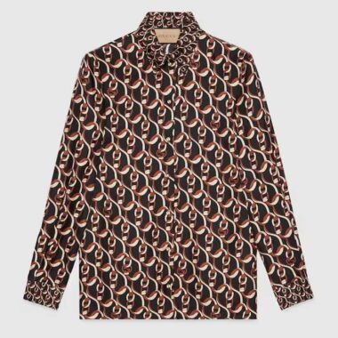 Gucci GG Women Interlocking G Chain Print Silk Shirt Point Collar Long Sleeves