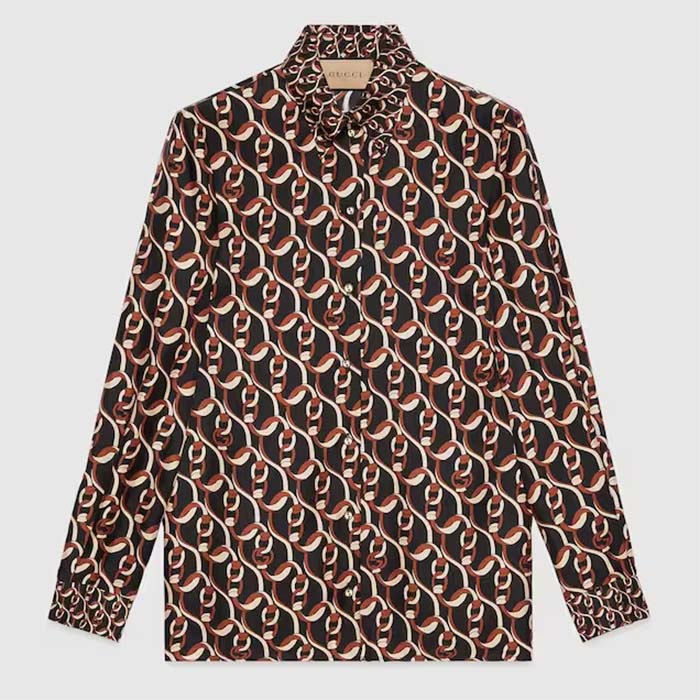 Gucci GG Women Interlocking G Chain Print Silk Shirt Point Collar Long Sleeves