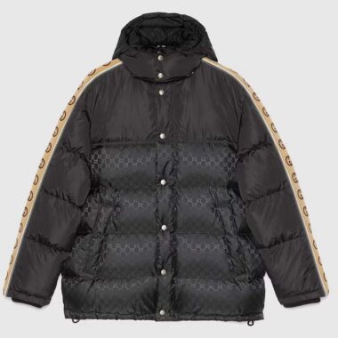 Gucci Men GG Black Jacquard Nylon Padded Coat Camel Brown Interlocking G Stripe Down Goose Feather