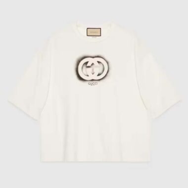 Gucci Men GG Cotton Jersey Interlocking Graffiti T-Shirt Off White Crewneck Dropped Shoulder Short Sleeves