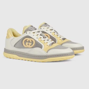 Gucci Unisex GG MAC80 Sneaker Off White Yellow Leather Grey Fabric Interlocking G Round Toe Rubber Flat