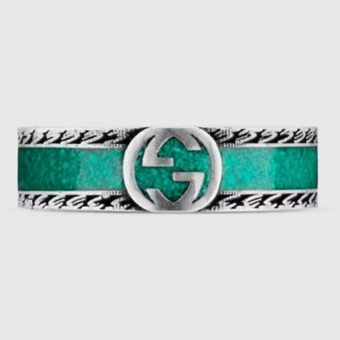 Gucci Unisex GG Ring Interlocking G 925 Sterling Silver Turquoise Enamel Textured Trim