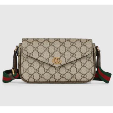 Gucci Unisex Ophidia Mini Bag Beige Ebony GG Supreme Canvas Brown Leather Double G