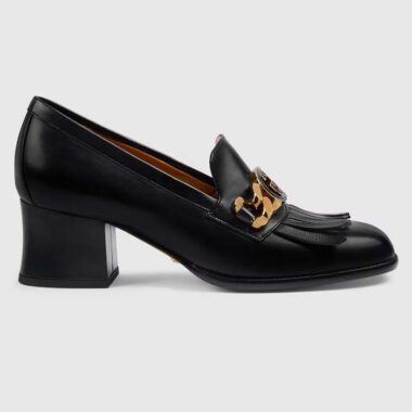 Gucci Women GG Interlocking G Mid-Heel Pump Black Leather Enameled Interlocking G Chain