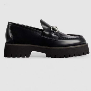 Gucci Women GG Loafer Horsebit Black Leather Rubber Lug Sole Flat