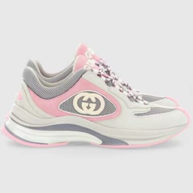 Gucci Women GG Run Sneaker Ivory Pink Suede Interlocking G Bi-Color Rubber Lace-Up Low-Heel