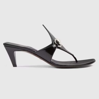 Gucci Women GG Thong Sandal Horsebit Black Leather Interlocking G Mid-Heel