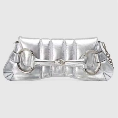 Gucci Women Horsebit Chain Medium Shoulder Bag Silver Metallic Quilted Leather Maxi Horsebit