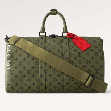 Louis Vuitton LV Unisex Keepall Bandoulière 45 Khaki Green Vermillion Red Monogram Coated Canvas