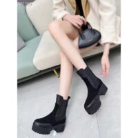 Louis Vuitton LV Women Laureate Platform Chelsea Boot Black Suede Monogram-Debossed Calf Leather (7)