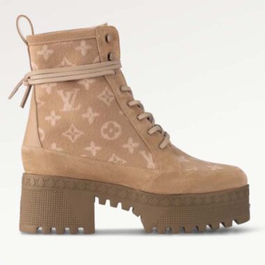 Louis Vuitton LV Women Laureate Platform Desert Boot Beige Monogram Wool Leather Laces Treaded Rubber