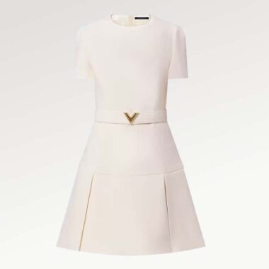 Louis Vuitton Women LV Belted Skater Dress White Short Dress Golden V Logo