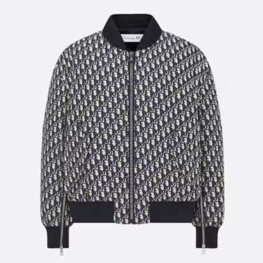 Dior Women CD Bomber Jacket Blue Technical Taffeta Jacquard Dior Oblique Motif