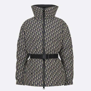 Dior Women CD DiorAlps Puffer Jacket Belt Blue Quilted Technical Taffeta Dior Oblique Motif