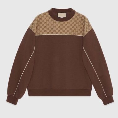 Gucci GG Men Cotton Jersey Sweatshirt GG Canvas Yoke Crewneck Dropped Shoulder Batwing Sleeves