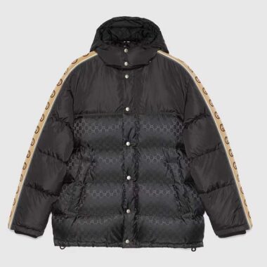 Gucci Men GG Jacquard Nylon Quilted Coat Down Goose Feather Black Knit Rib Nylon Lining