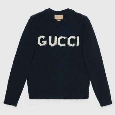 Gucci Men GG Wool Sweater Gucci Intarsia Black Ivory Knit Crewneck Long Sleeves