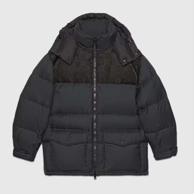 Gucci Men Nylon Down Jacket GG Iserts Black Canvas High Neck Velcro Cuffs Zip Closure