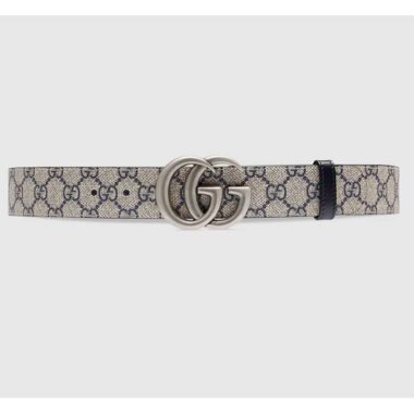 Gucci Unisex GG Marmont Reversible Belt Beige Blue GG Supreme Canvas Double G Buckle