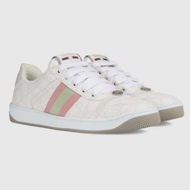 Gucci Unisex Screener Sneaker White GG Supreme Canvas Pink Green Web Rubber Sole